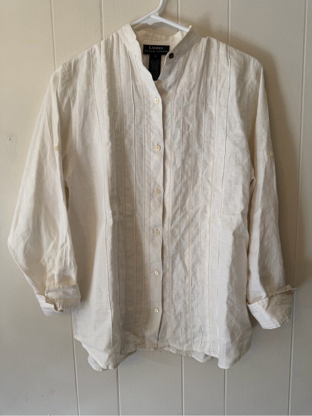 Lauren Ralph Lauren White Button Down Mandarin-Collar 100% Linen Shirt S